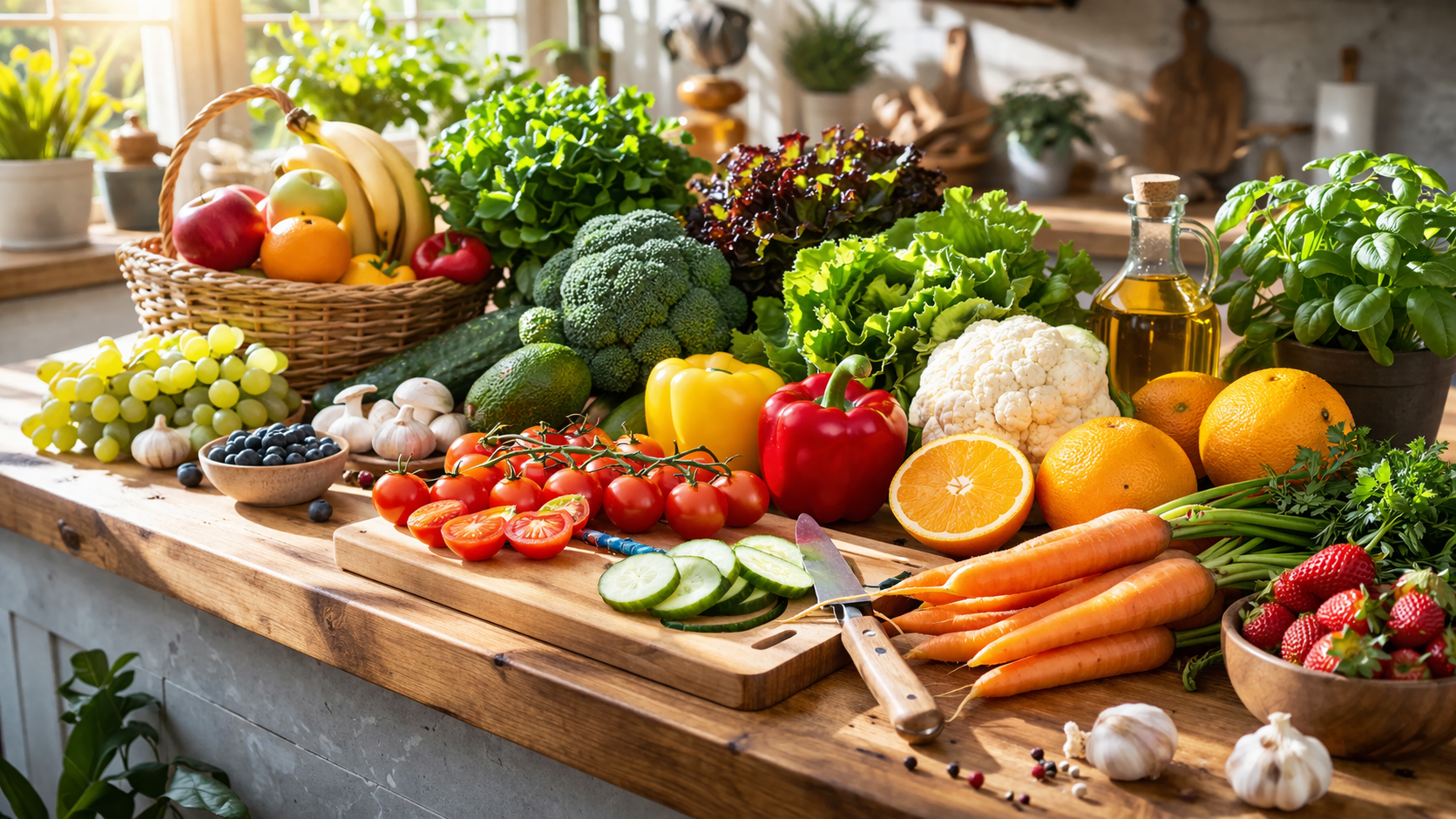 Fresh colorful vegetables and fruits arranged on a wooden kitchen counter with natural sunlight, healthy organic food preparation scene