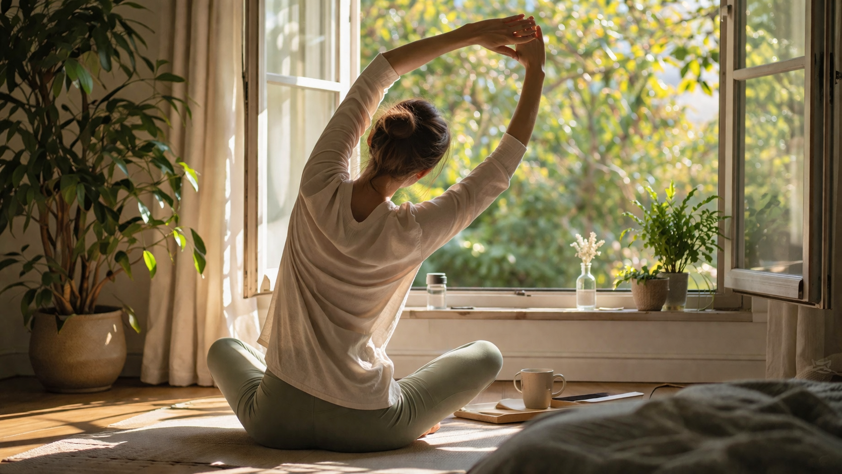 Person doing gentle morning stretches by an open window with soft natural light, peaceful home wellness routine